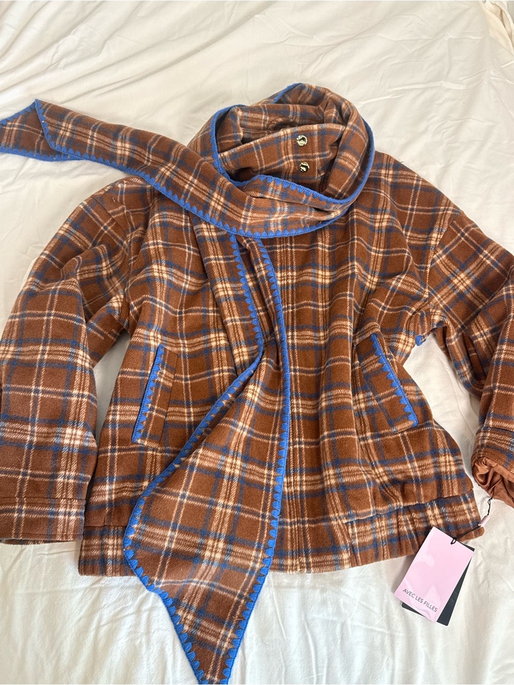Plaid brown and blue Scarf Collar Jacket